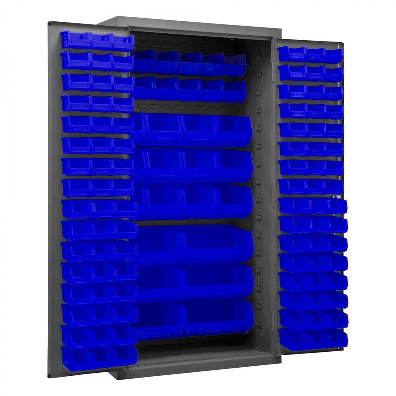 Durham Cabinet, 16 Gauge, 36 x 24 x 72, 126 Blue Bins, Flush Doors with Louvered Panel, Lockable