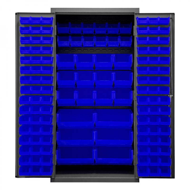 Durham Cabinet, 16 Gauge, 36 x 24 x 72, 126 Blue Bins, Flush Doors with Louvered Panel, Lockable