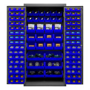 Durham Cabinet, 16 Gauge, 36 x 24 x 72, 126 Blue Bins, Flush Doors with Louvered Panel, Lockable