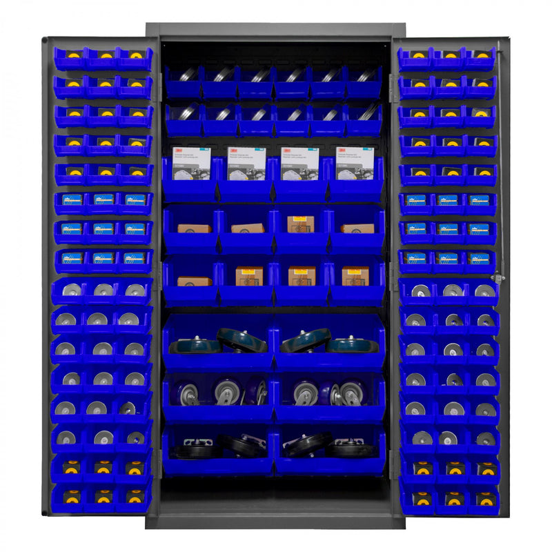 Durham Cabinet, 16 Gauge, 36 x 24 x 72, 126 Blue Bins, Flush Doors with Louvered Panel, Lockable