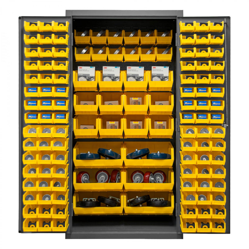 Durham Cabinet, 16 Gauge, 36 x 24 x 72, 126 Yellow Bins, Flush Doors with Louvered Panel, Lockable