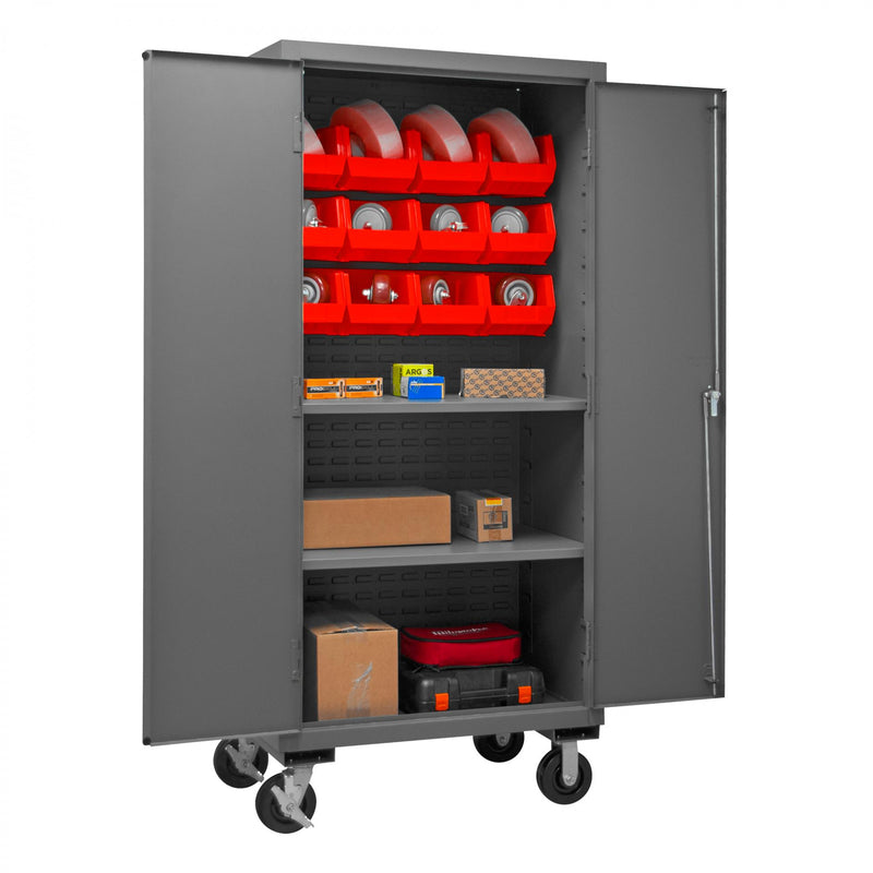 Durham Mobile Cabinet, 16 Gauge, 36 x 24 x 81, 2 Adjustable Shelves, 12 Red Bins, Flush Doors