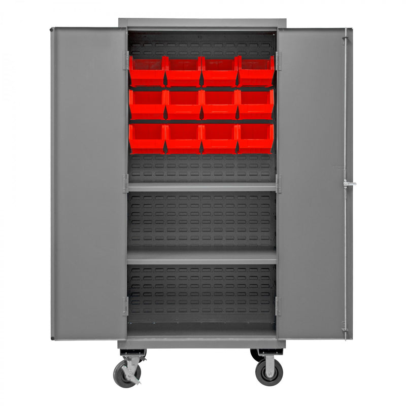 Durham Mobile Cabinet, 16 Gauge, 36 x 24 x 81, 2 Adjustable Shelves, 12 Red Bins, Flush Doors
