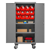 Durham Mobile Cabinet, 16 Gauge, 36 x 24 x 81, 2 Adjustable Shelves, 12 Red Bins, Flush Doors