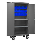 Durham Mobile Cabinet, 16 Gauge, 36 x 24 x 81, 2 Adjustable Shelves, 12 Blue Bins, Flush Doors
