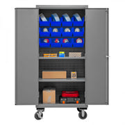 Durham Mobile Cabinet, 16 Gauge, 36 x 24 x 81, 2 Adjustable Shelves, 12 Blue Bins, Flush Doors