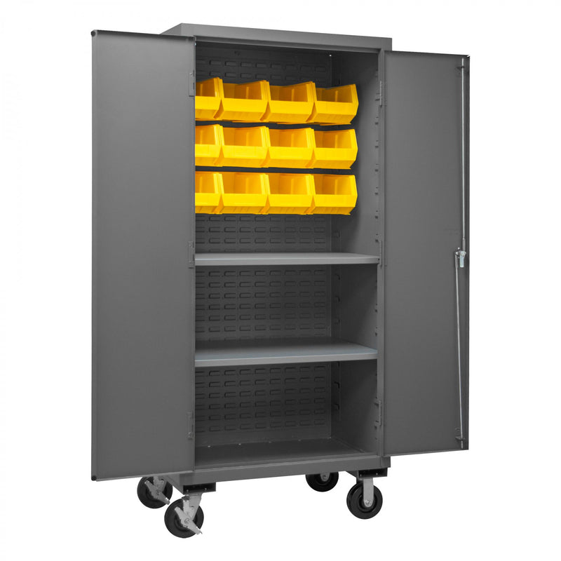 Durham Mobile Cabinet, 16 Gauge, 36 x 24 x 81, 2 Adjustable Shelves, 12 Yellow Bins, Flush Doors