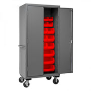 Durham Mobile Cabinet, 16 Gauge, 36 x 24 x 81, 30 Red Bins, Flush Doors