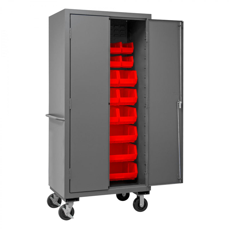 Durham Mobile Cabinet, 16 Gauge, 36 x 24 x 81, 30 Red Bins, Flush Doors