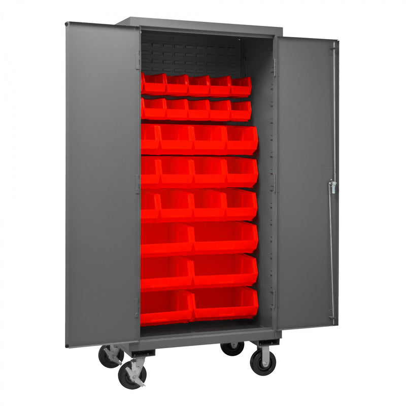 Durham Mobile Cabinet, 16 Gauge, 36 x 24 x 81, 30 Red Bins, Flush Doors