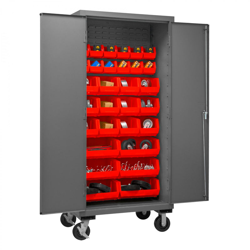 Durham Mobile Cabinet, 16 Gauge, 36 x 24 x 81, 30 Red Bins, Flush Doors
