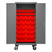 Durham Mobile Cabinet, 16 Gauge, 36 x 24 x 81, 30 Red Bins, Flush Doors