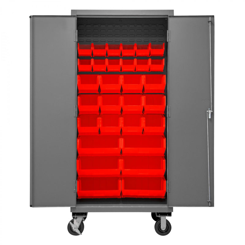 Durham Mobile Cabinet, 16 Gauge, 36 x 24 x 81, 30 Red Bins, Flush Doors