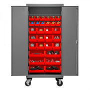 Durham Mobile Cabinet, 16 Gauge, 36 x 24 x 81, 30 Red Bins, Flush Doors