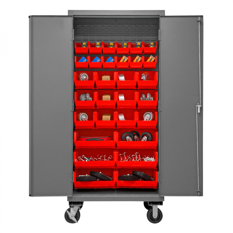 Durham Mobile Cabinet, 16 Gauge, 36 x 24 x 81, 30 Red Bins, Flush Doors