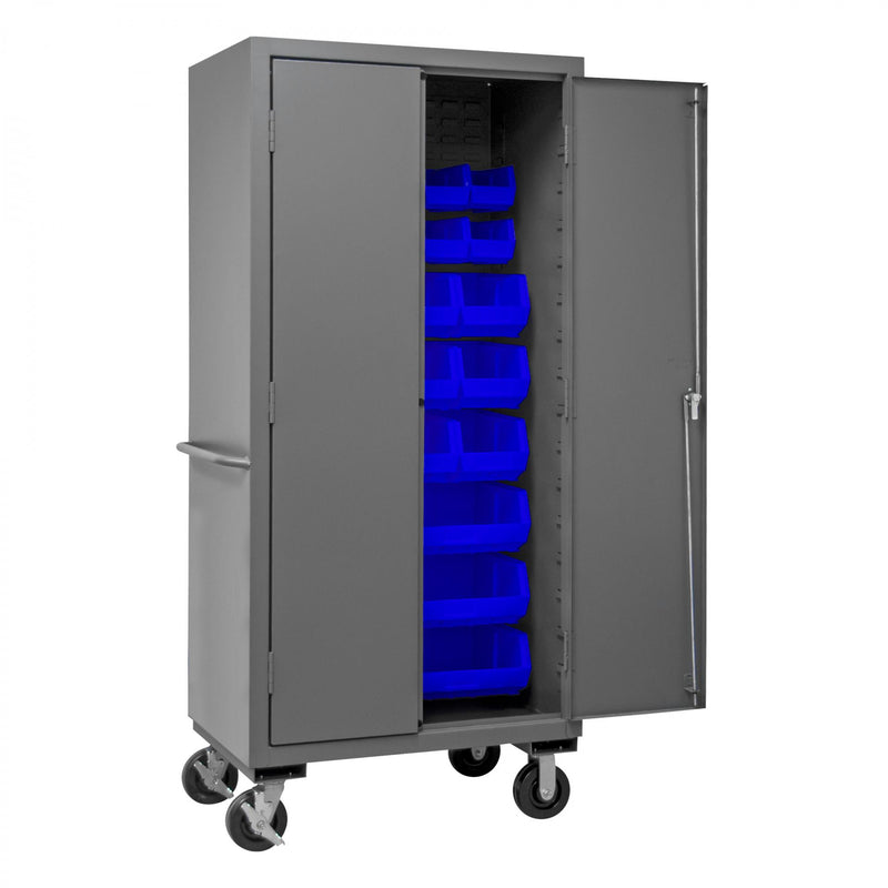 Durham Mobile Cabinet, 16 Gauge, 36 x 24 x 81, 30 Blue Bins, Flush Doors