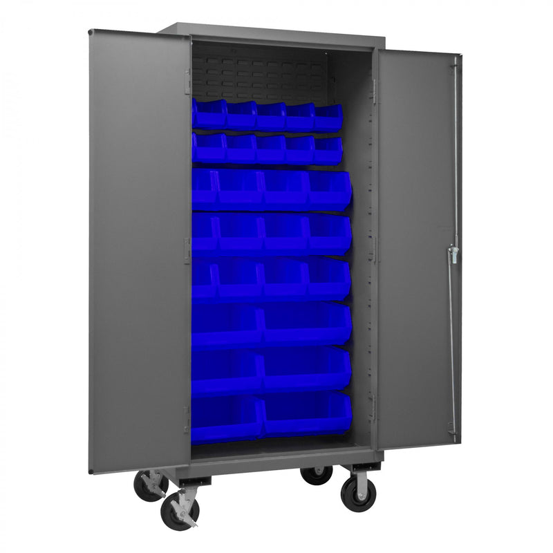 Durham Mobile Cabinet, 16 Gauge, 36 x 24 x 81, 30 Blue Bins, Flush Doors