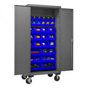 Durham Mobile Cabinet, 16 Gauge, 36 x 24 x 81, 30 Blue Bins, Flush Doors