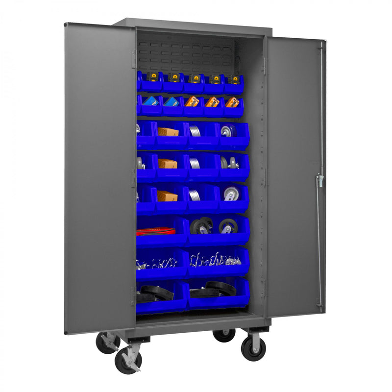 Durham Mobile Cabinet, 16 Gauge, 36 x 24 x 81, 30 Blue Bins, Flush Doors