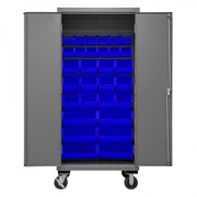 Durham Mobile Cabinet, 16 Gauge, 36 x 24 x 81, 30 Blue Bins, Flush Doors