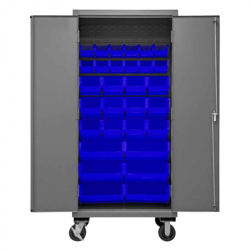 Durham Mobile Cabinet, 16 Gauge, 36 x 24 x 81, 30 Blue Bins, Flush Doors