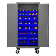 Durham Mobile Cabinet, 16 Gauge, 36 x 24 x 81, 30 Blue Bins, Flush Doors