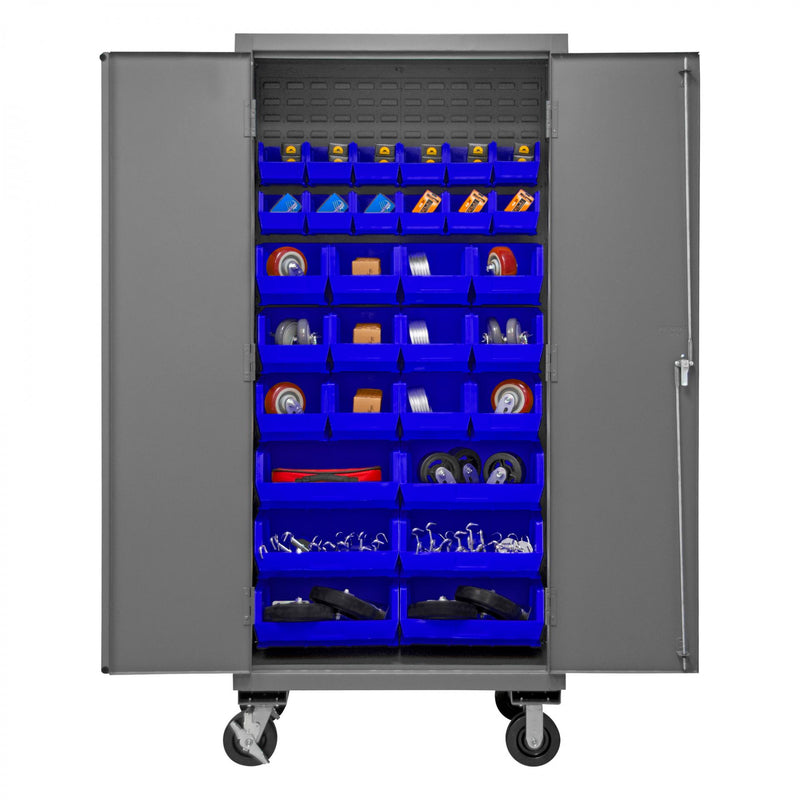 Durham Mobile Cabinet, 16 Gauge, 36 x 24 x 81, 30 Blue Bins, Flush Doors