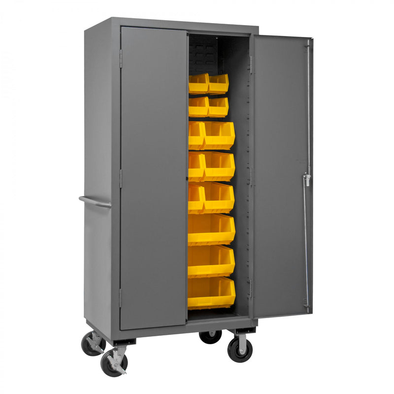 Durham Mobile Cabinet, 16 Gauge, 36 x 24 x 81, 30 Yellow Bins, Flush Doors