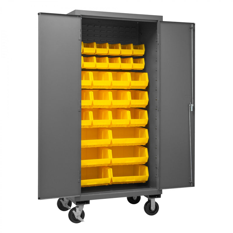 Durham Mobile Cabinet, 16 Gauge, 36 x 24 x 81, 30 Yellow Bins, Flush Doors