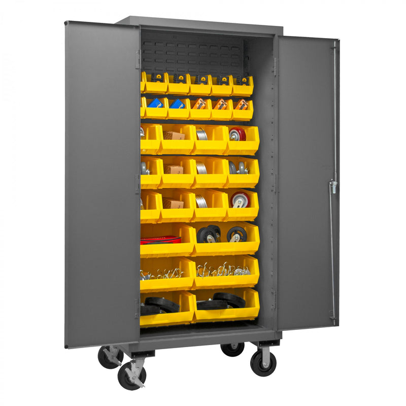 Durham Mobile Cabinet, 16 Gauge, 36 x 24 x 81, 30 Yellow Bins, Flush Doors