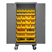 Durham Mobile Cabinet, 16 Gauge, 36 x 24 x 81, 30 Yellow Bins, Flush Doors