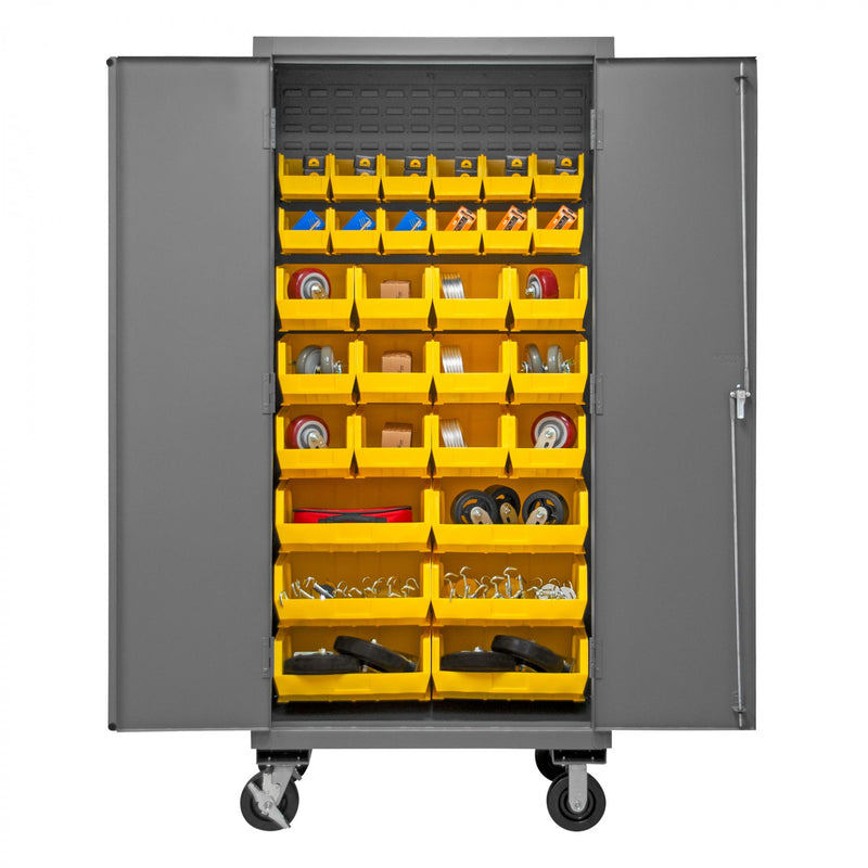 Durham Mobile Cabinet, 16 Gauge, 36 x 24 x 81, 30 Yellow Bins, Flush Doors