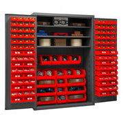 Durham Cabinet, 16 Gauge, 48 x 24 x 72, 3 Adjustable Shelves, 138 Red Bins