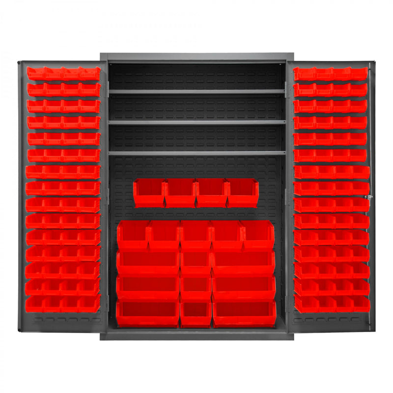 Durham Cabinet, 16 Gauge, 48 x 24 x 72, 3 Adjustable Shelves, 138 Red Bins