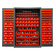 Durham Cabinet, 16 Gauge, 48 x 24 x 72, 186 Red Bins, Flush Doors with Louvered Panel, Lockable