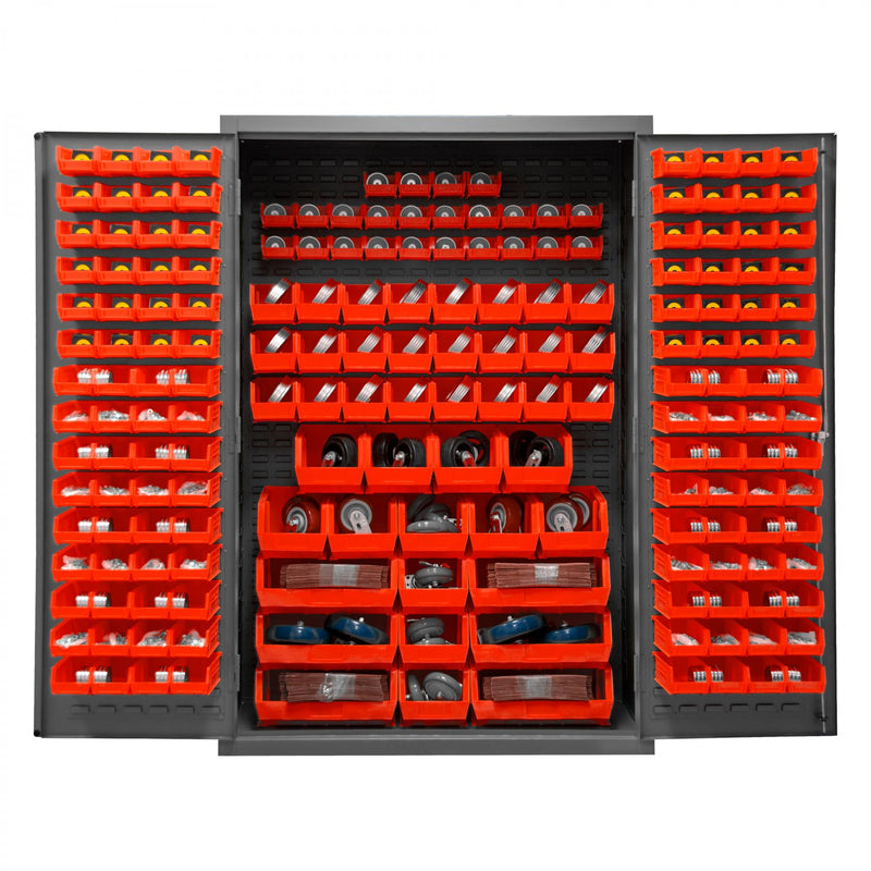 Durham Cabinet, 16 Gauge, 48 x 24 x 72, 186 Red Bins, Flush Doors with Louvered Panel, Lockable