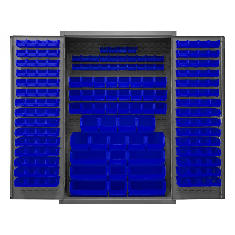 Durham Cabinet, 16 Gauge, 48 x 24 x 72, 186 Blue Bins, Flush Doors with Louvered Panel, Lockable