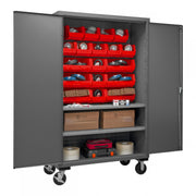 Durham Mobile Cabinet, 16 Gauge, 48 x 24 x 81, 2 Adjustable Shelves, 18 Red Bins, Flush Doors