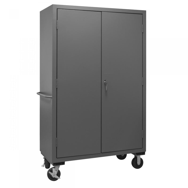 Durham Mobile Cabinet, 16 Gauge, 48 x 24 x 81, 2 Adjustable Shelves, 18 Red Bins, Flush Doors