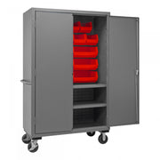 Durham Mobile Cabinet, 16 Gauge, 48 x 24 x 81, 2 Adjustable Shelves, 18 Red Bins, Flush Doors