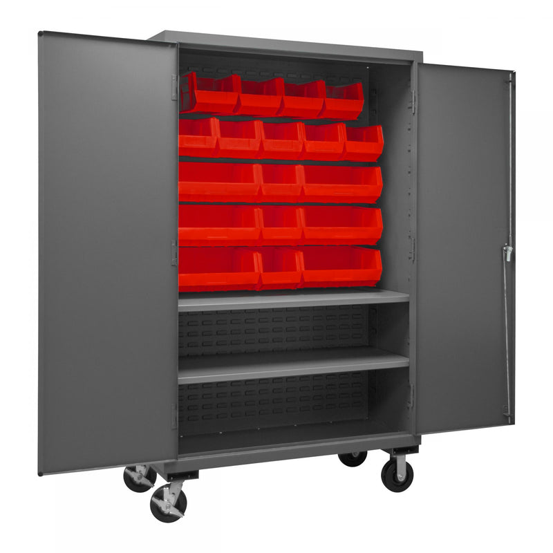 Durham Mobile Cabinet, 16 Gauge, 48 x 24 x 81, 2 Adjustable Shelves, 18 Red Bins, Flush Doors