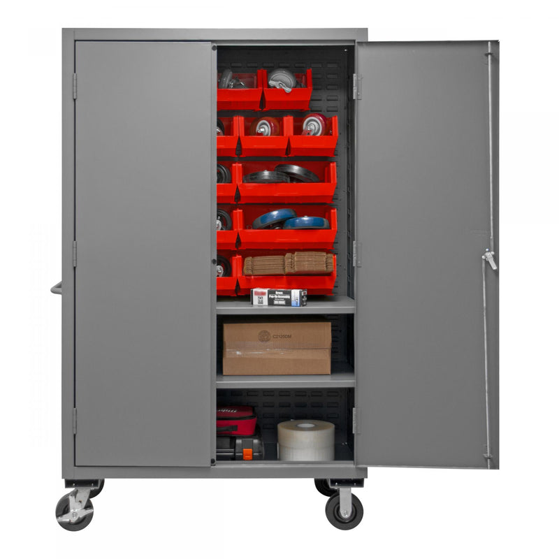 Durham Mobile Cabinet, 16 Gauge, 48 x 24 x 81, 2 Adjustable Shelves, 18 Red Bins, Flush Doors