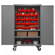 Durham Mobile Cabinet, 16 Gauge, 48 x 24 x 81, 2 Adjustable Shelves, 18 Red Bins, Flush Doors