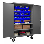 Durham Mobile Cabinet, 16 Gauge, 48 x 24 x 81, 2 Adjustable Shelves, 18 Blue Bins, Flush Doors