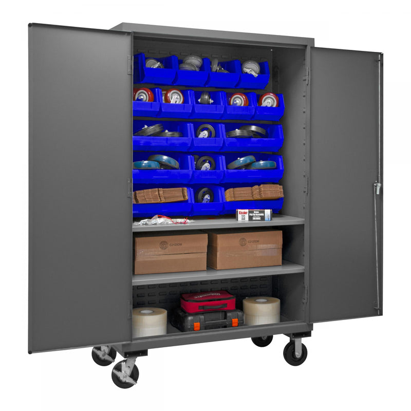 Durham Mobile Cabinet, 16 Gauge, 48 x 24 x 81, 2 Adjustable Shelves, 18 Blue Bins, Flush Doors