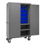 Durham Mobile Cabinet, 16 Gauge, 48 x 24 x 81, 2 Adjustable Shelves, 18 Blue Bins, Flush Doors