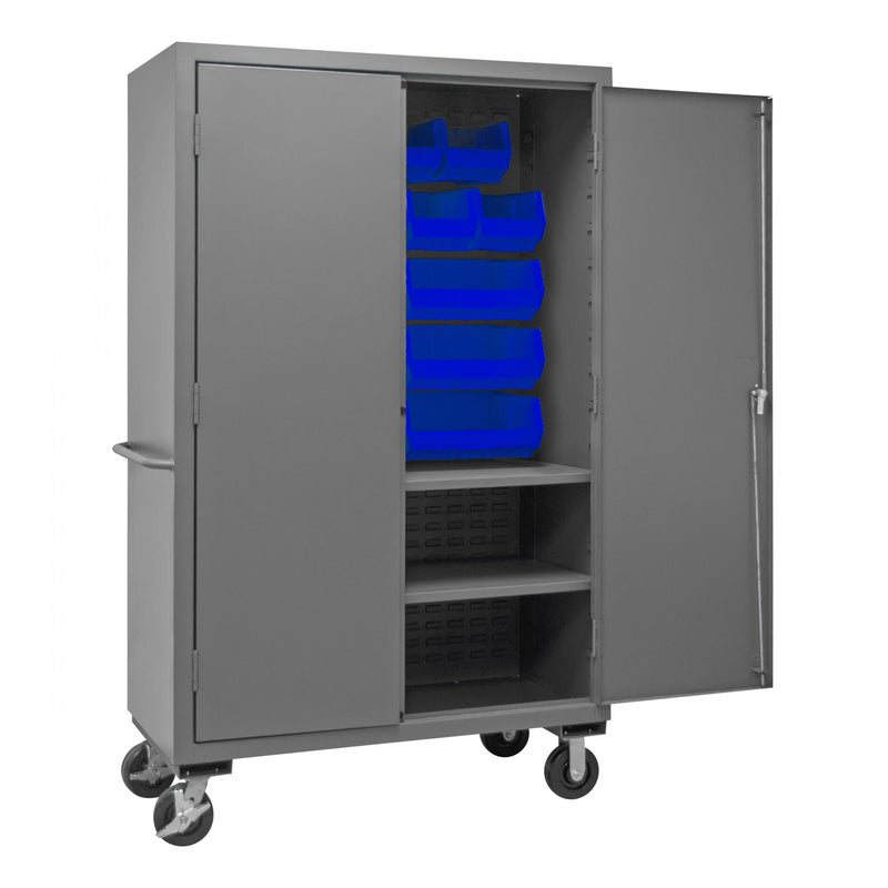 Durham Mobile Cabinet, 16 Gauge, 48 x 24 x 81, 2 Adjustable Shelves, 18 Blue Bins, Flush Doors