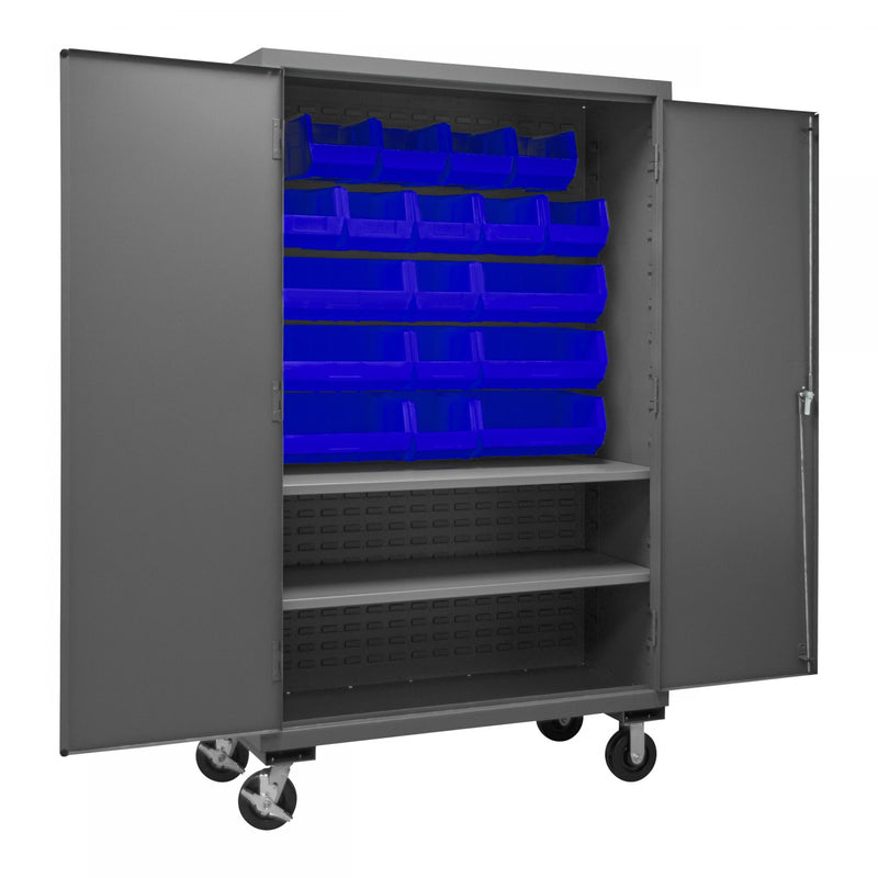 Durham Mobile Cabinet, 16 Gauge, 48 x 24 x 81, 2 Adjustable Shelves, 18 Blue Bins, Flush Doors