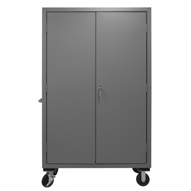 Durham Mobile Cabinet, 16 Gauge, 48 x 24 x 81, 2 Adjustable Shelves, 18 Blue Bins, Flush Doors
