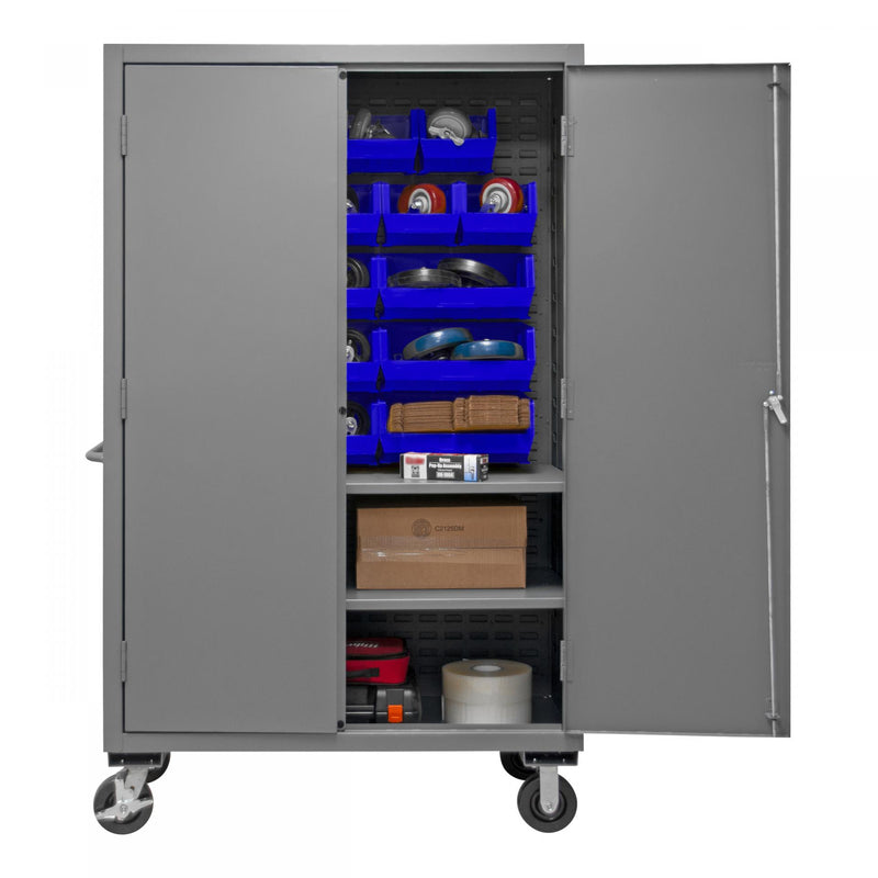 Durham Mobile Cabinet, 16 Gauge, 48 x 24 x 81, 2 Adjustable Shelves, 18 Blue Bins, Flush Doors